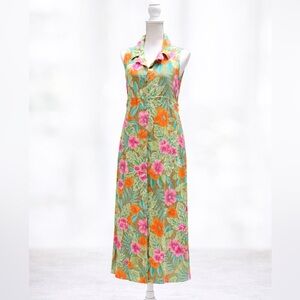 Bahama Beach Rayon Maxi Dress Tropical Floral Collared Button Front Resort M
